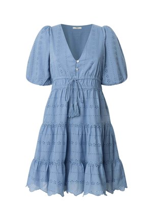 Light blue cotton dress featuring a v-neck, puff sleeves, button front, drawstring waist, tiered skirt, and eyelet embroidery details.