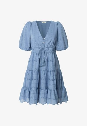 Light blue cotton dress featuring a v-neck, puff sleeves, button front, drawstring waist, tiered skirt, and eyelet embroidery details.