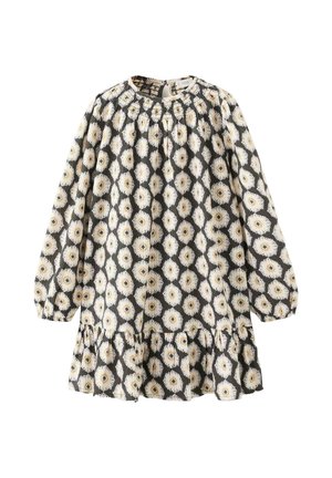 Abito nero a maniche lunghe con motivo floreale di margherite bianche e gialle, scollo arricciato, polsini elastici e orlo arricciato.