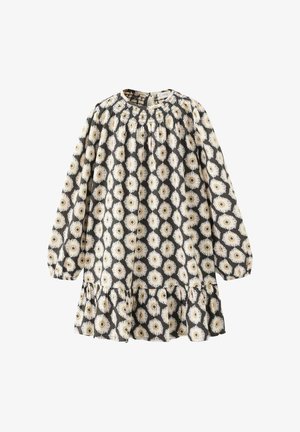 Rochie neagră cu mâneci lungi, model cu flori de margarete albe și galbene, gât strâns, manșete elastice și tiv cu volane.