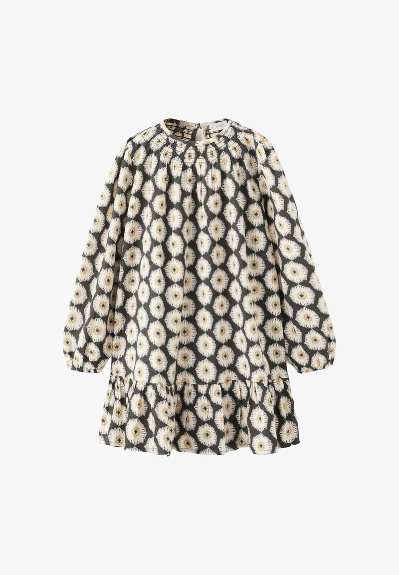 Sort langærmet kjole med hvidt og gult margeritblomstermønster, rynket halsudskæring, elastiske manchetter og flæsekant.