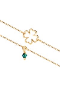 Złoty bransoletka z łańcuszka z centralnym elementem w kształcie koniczyny oraz małym charmon w kolorze turkusowym, o delikatnym, teksturowanym wzorze ogniwa.