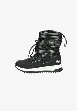 Zwarte winterlaars met een gewatteerde bovenkant, elastische veters, een rubberen zool en witte accenten. Waterdicht met een robuust profiel.