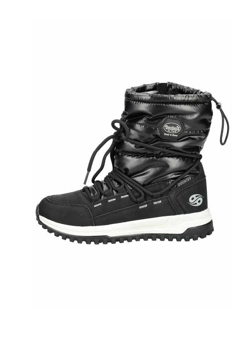 Botte d'hiver noire avec une tige rembourrée, des lacets élastiques, une semelle en caoutchouc et des accents blancs. Imperméable avec un motif de chaussant robuste.