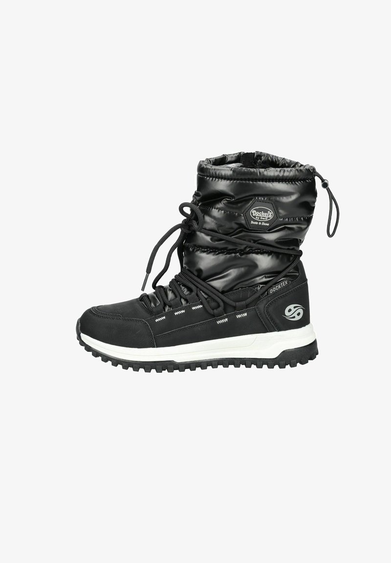 Černé zimní boty s polstrovaným svrškem, elastickými tkaničkami, gumovou podešví a bílými akcenty. Nepromokavé s odolným vzorem podrážky.