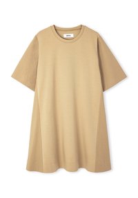 Vestido beige de manga corta con un corte relajado. Presenta paneles laterales texturizados y un escote redondo. Fabricado con una tela suave y ligera.