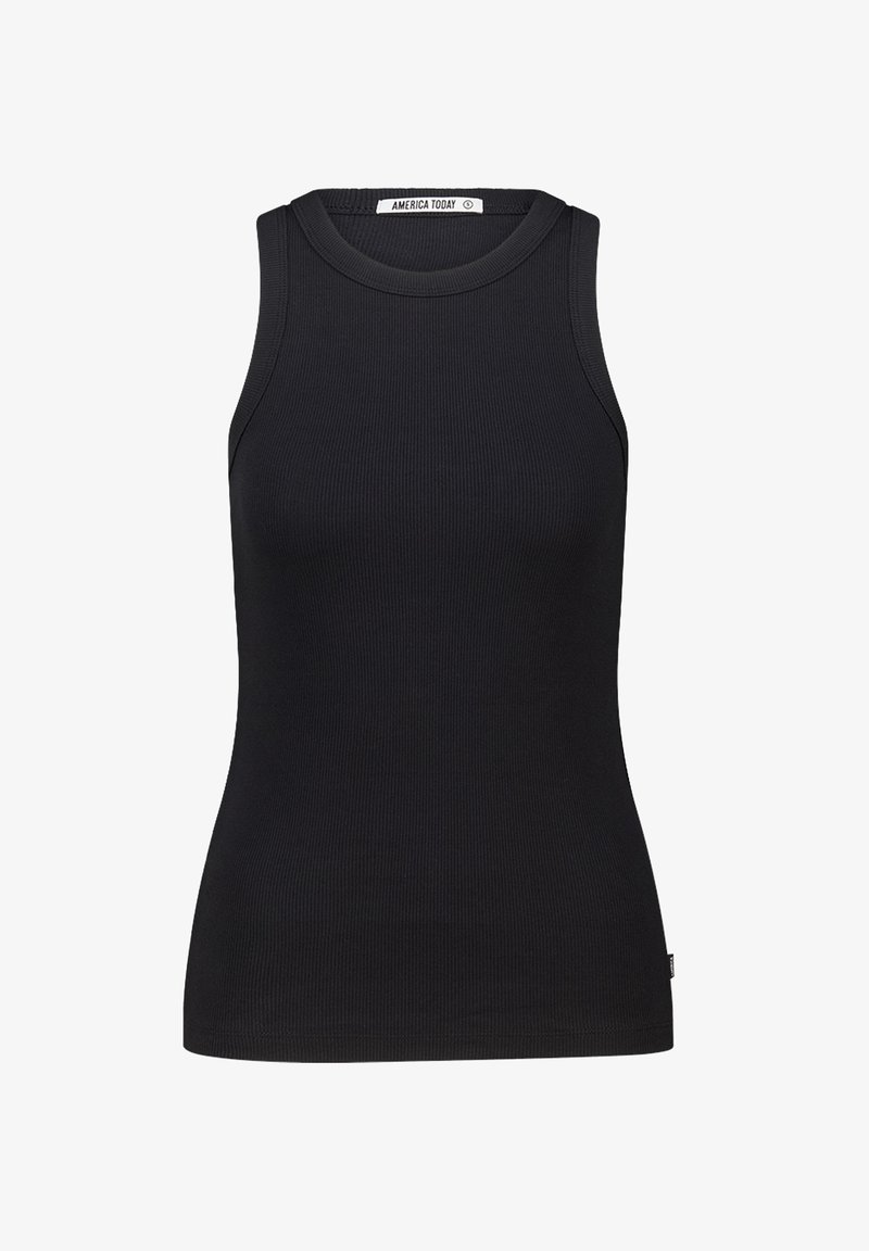 Débardeur noir à côtes avec un col rond et sans manches. Il dispose d'une coupe près du corps et d'une petite étiquette de marque à l'ourlet.