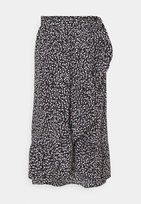 Gonna nera con motivo floreale in rosa e bianco, design svasato con orlo arricciato, vita elastica e dettaglio arricciato ai lati.