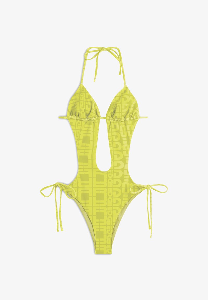 Keltainen yksiosainen bikinit, joissa on leikattu muotoilu, säädettävät soljettavat hihnat ja toistuva logokuvio kankaassa.