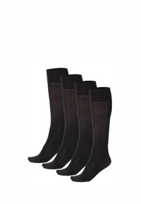 Cuatro pares de calcetines negros semitransparentes de longitud hasta la rodilla dispuestos en fila, mostrados desde un ángulo lateral sobre un fondo blanco.