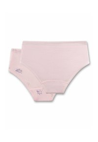 Zwei Paar rosa Baumwollunterwäsche für Mädchen, einmal schlicht und einmal mit kleinen blauen Vögeln und beigefarbenen Blättern bedruckt.