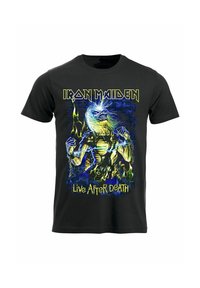 Černé bavlněné tričko sebarevnou grafikou skeletona s plameny a textem "Iron Maiden Live After Death".