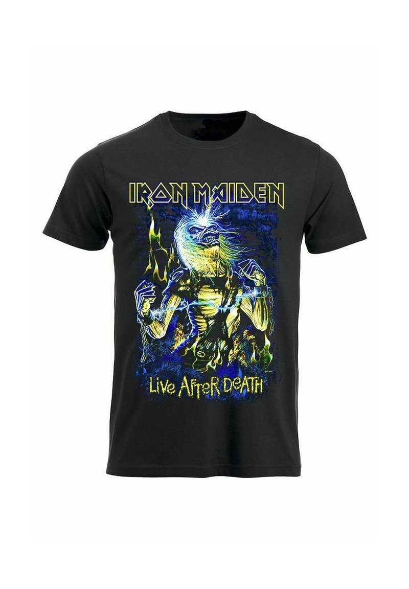 Černé bavlněné tričko sebarevnou grafikou skeletona s plameny a textem "Iron Maiden Live After Death".