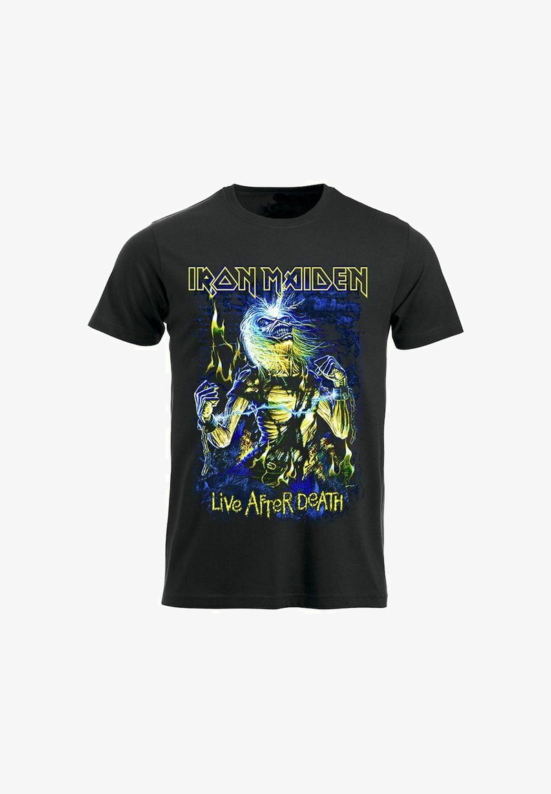 Černé bavlněné tričko sebarevnou grafikou skeletona s plameny a textem "Iron Maiden Live After Death".