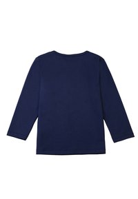 Maglietta a maniche lunghe blu notte in morbido cotone, con scollatura rotonda e orlo dritto. Tessuto liscio senza motivi o accenti.