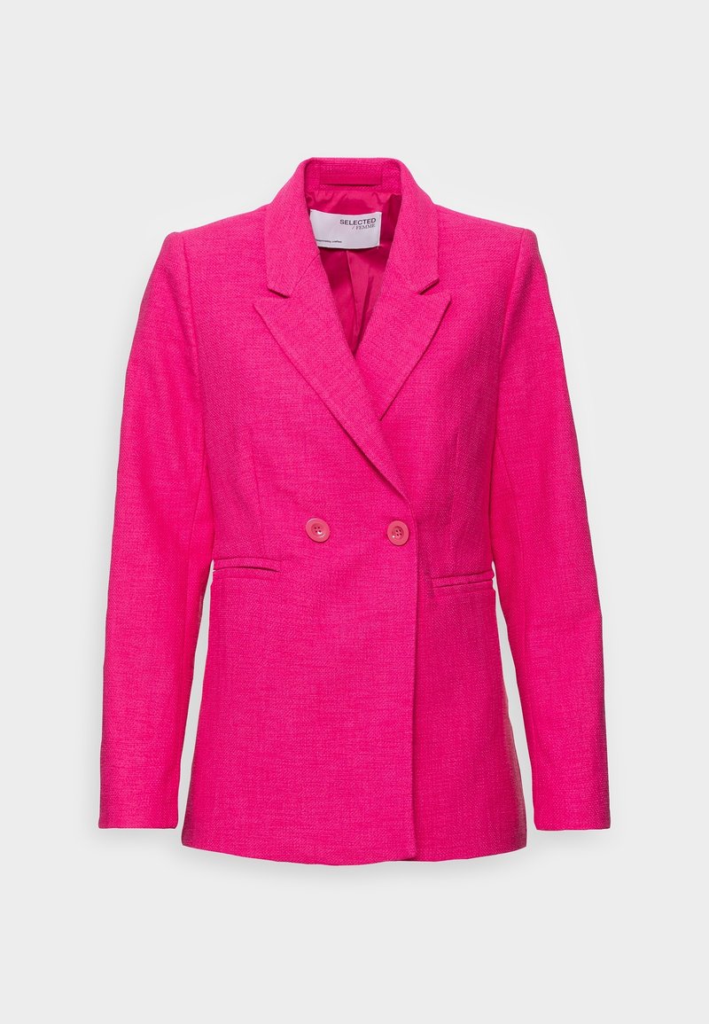 Veste pour femmes rose vif à double boutonnage avec revers crantés, deux boutons, manches longues et poches passepoilées à l'avant, présentée sur fond blanc.
