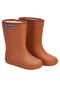 Bottes en caoutchouc marron avec une texture lisse, un doublage chaud et un bout arrondi. Présente une étiquette de marque grise près du haut et des poignets côtelés.