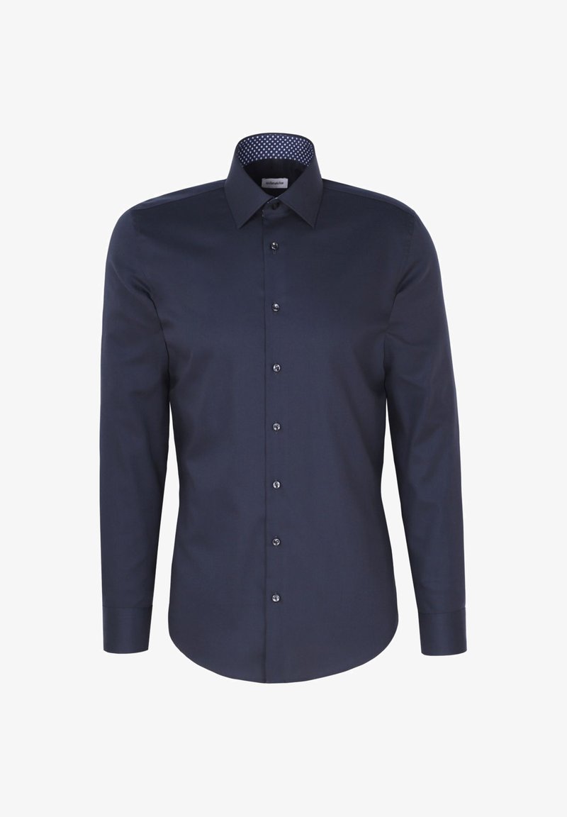Chemise bleue marine à manches longues avec un col button-down, présentant une doublure intérieure à pois, et six boutons à l'avant avec un fil assorti.