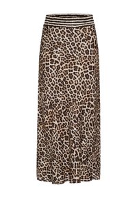Leopard print midi skirt with an elastic waistband. Features a flowing design and a mix of brown and beige tones across the fabric.