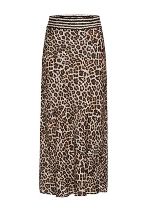 Midikleid aus Leopardenmuster mit elastischem Bund. Es hat ein fließendes Design und eine Mischung aus braunen und beigen Tönen im Stoff.