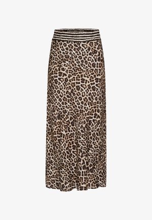 Midikleid aus Leopardenmuster mit elastischem Bund. Es hat ein fließendes Design und eine Mischung aus braunen und beigen Tönen im Stoff.
