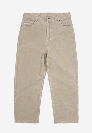 Μπεζ παντελόνι από κορδόνι με ίσια γραμμή, εμπρός τσέπες, θηλιές για ζώνη, κούμπωμα με κουμπί και ένα μικρό λογότυπο στην δεξιά τσέπη.
