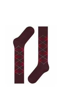 Calze bordeaux con un motivo argyle in rosso e marrone scuro, con contorni delle pietre bianche. Texture morbida e design standard di lunghezza media.