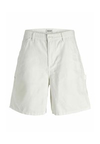 Pantaloni cargo chiari realizzati in tessuto misto cotone. Le caratteristiche includono tasche laterali, passanti per cintura e chiusura con zip e bottone.