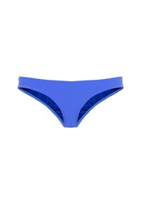 Bas de bikini bleu en tissu lisse, avec un design taille basse, une fine ceinture et une coupe à couverture modérée. Aucun motif ni détail supplémentaire.