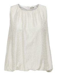 Débardeur blanc sans manches avec un motif texturé subtil, présentant un col rond et une taille froncée pour un ajustement décontracté.