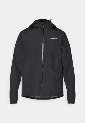 Musta kevyt takki hupparilla, etujousi, elastiset hihansuut ja yksinkertainen logo rinnassa. Sileä, vedenkestävä materiaali.