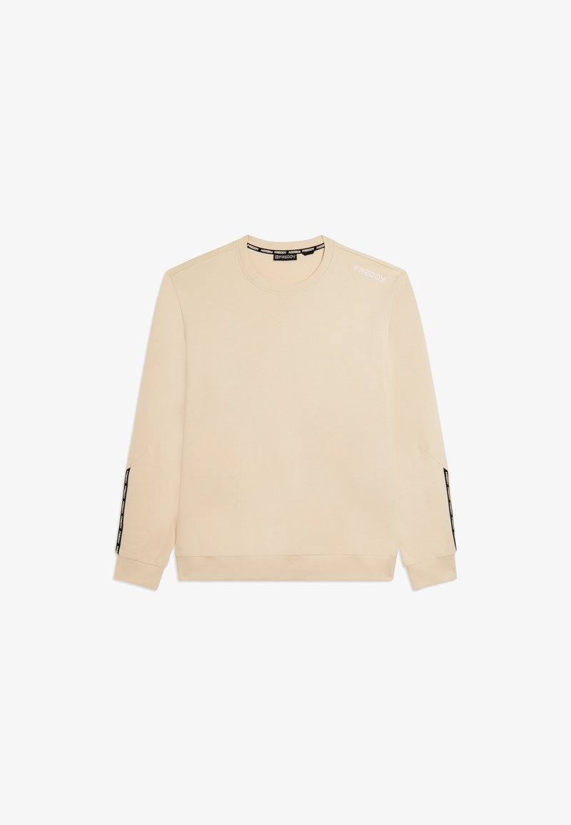 Sweat-shirt beige à manches longues avec col rond, bordure noire de marque à l'intérieur du col et détails textuels noirs sur les épaules et les manches.