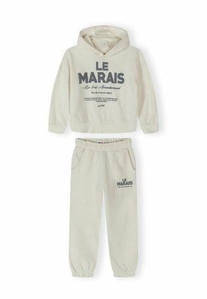 Beżowy komplet z bluzą z kapturem i spodniami dresowymi z napisem "LE MARAIS", z elastycznymi mankietami, pasem i przednimi kieszeniami, idealny do codziennego noszenia.