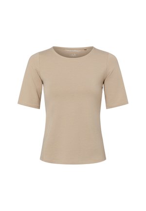 Beige short-sleeve t-shirt with a round neckline. Made of soft, stretchable fabric. Seamless hem and minimalist design.