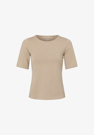 Beige short-sleeve t-shirt with a round neckline. Made of soft, stretchable fabric. Seamless hem and minimalist design.