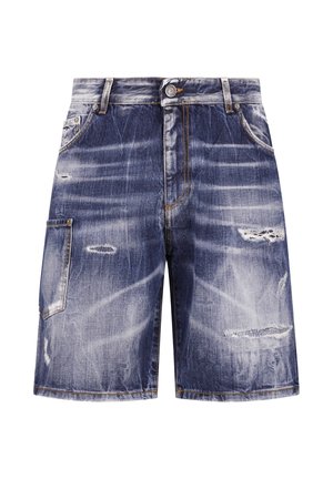Niebieskie, postarzane szorty jeansowe z przodu na guziki, z pętlami na pasek, boczną kieszenią cargo oraz przetarciami i wyblakłymi plamami dla casualowego wyglądu.