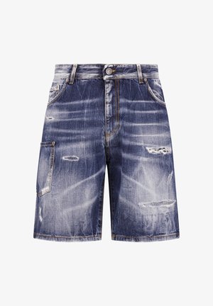 Modré džínové šortky s opotřebovaným vzhledem, s knoflíky vpředu, poutky na pásek, postranní nákladní kapsou a vybledlými, opotřebovanými místy pro ležérní vzhled.