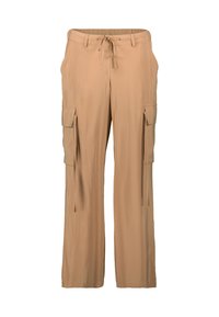 Lichte, beige cargobroek met een trekkoord in de taille, brede pijpen en zijzakken. Glad textuur met een relaxed fit.