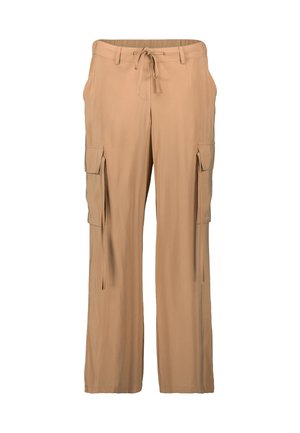 Pantalons cargo légers beiges avec une taille à cordon, jambes larges et poches latérales. Texture lisse avec une coupe décontractée.
