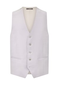 Jasnoszary kamizelka o dekolcie w serek, sześć guzików z przodu, dwie boczne kieszenie oraz strukturalny wykończenie materiału. Widoczna metka marki wewnątrz.