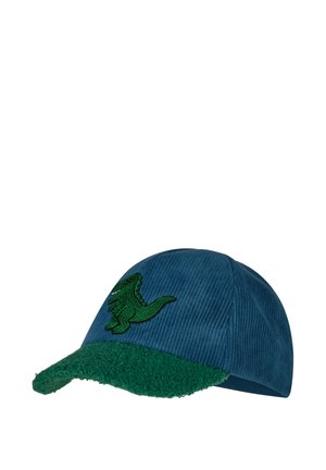 Blue fabric baseball cap with a green fuzzy brim and an embroidered green dinosaur on the front panel.