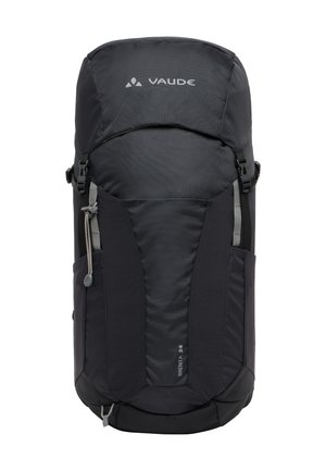 Sac à dos noir avec un tissu texturé, des bretelles réglables, des poches latérales et un rabat supérieur. Comprend un logo et le nom du modèle à l'avant.