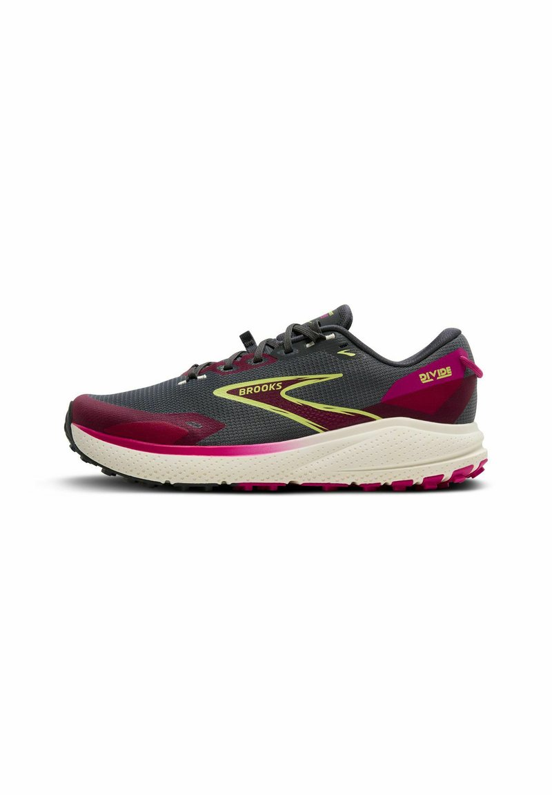Brooks running shoe featuring a grey mesh upper, maroon accents, a yellow logo, cushioned white midsole, and pink rubber outsole.