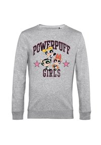 Šedá mikina s grafikou "Powerpuff Girls". Obsahuje tři kreslené postavy, růžové hvězdičky a žebrované manžety a lem.