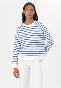 Felpa a righe blu e bianche realizzata in morbido cotone, con colletto rotondo, polsini a coste e vestibilità comoda. Sfondo bianco uniforme.