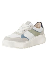 White sneaker with a textured platform sole, featuring grey, blue, and green suede accents. Standard lace closure and padded collar.