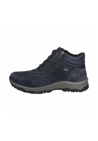 Stivali da trekking blu navy con una combinazione di suede liscio e testurizzato, dotati di chiusura con lacci, cerniera laterale e suola in gomma.