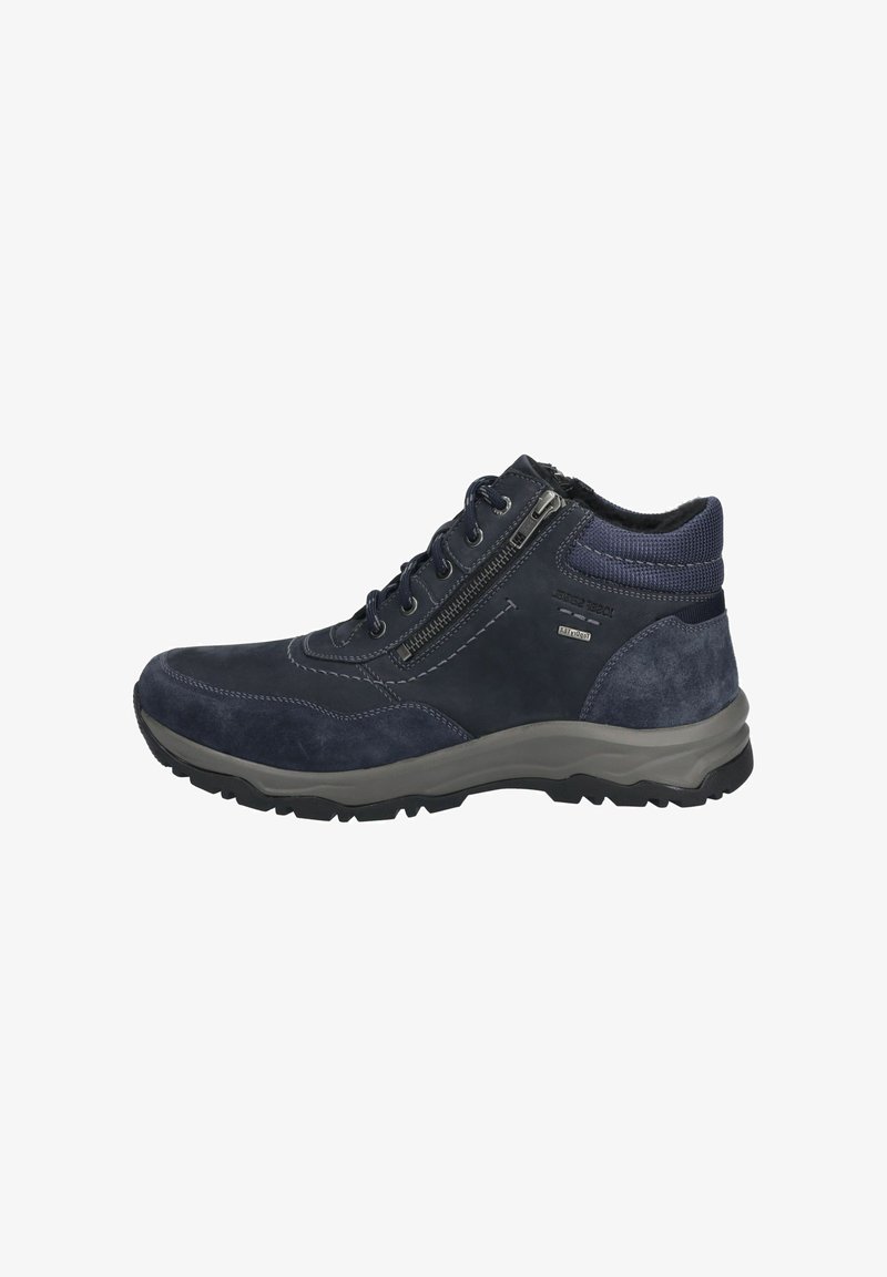 Marinefarbene Wanderschuhe aus einer Mischung aus glattem und strukturiertem Wildleder, mit Schnürverschluss, seitlichem Reißverschluss und Gummisohle.