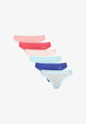 Fünf Paar Damenunterwäsche in verschiedenen Farben: Rot, Pink, Hellblau, Dunkelblau und gestreiftes Design; mit Spitzenbesatz und elastischen Bändern.