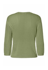 Groene gebreide trui met een textuurpatroon van oogjes, ronde hals en driekwartmouwen met een ribbelsrand.